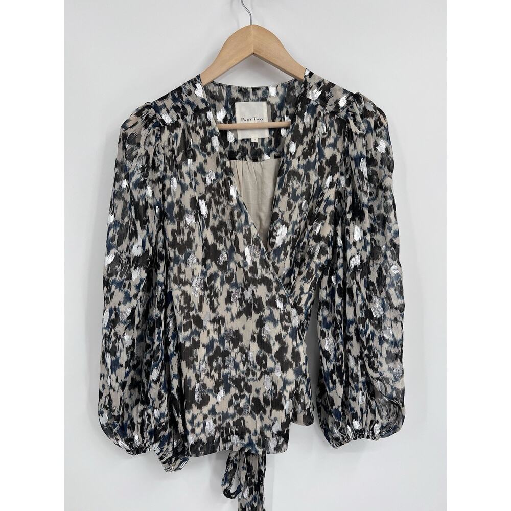 Part Two Copenhagen Metallic Animal print Puff Sleeve Wrap Top 36